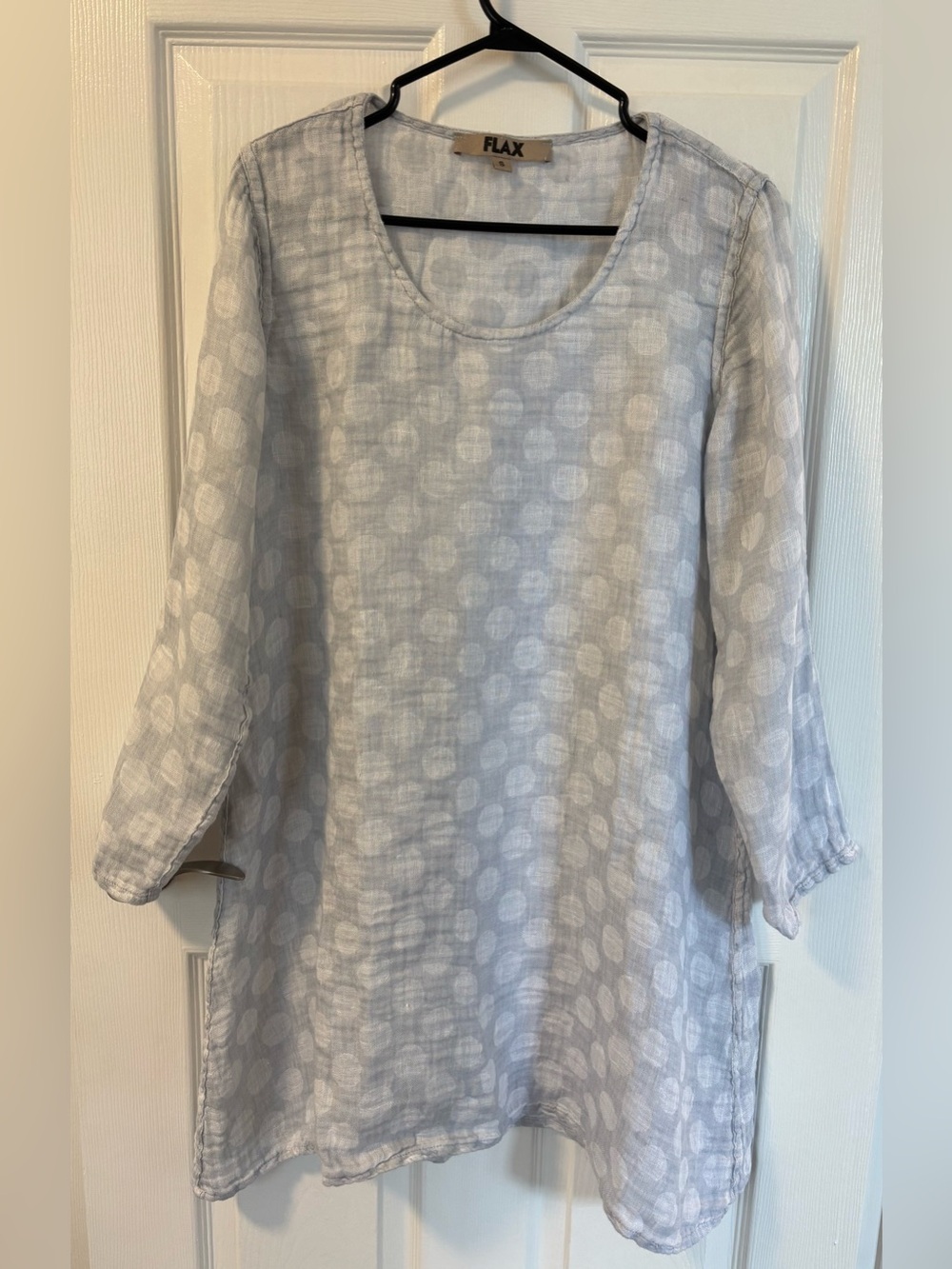 Flax 100% Linen Polka Dot Long Sleeve Grey & White Tunic Mini Dress Size Small